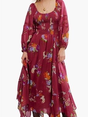 NWT! Free People Morning Glory Floral Smocked Long Sleeve Maxi Dress In Red
